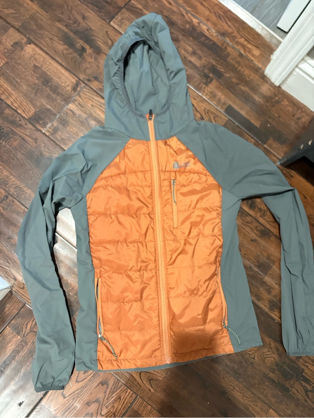 Men's Hooded Hybrid Performance Jacket in Orange and Sage Green